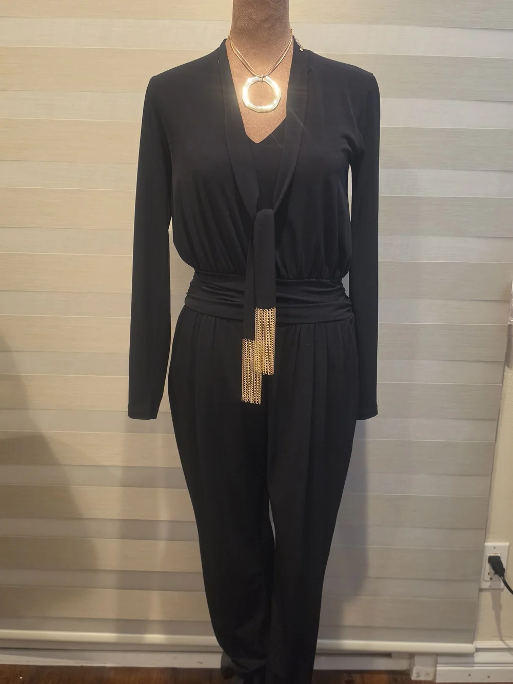 Michael Kors Black Jumpsuit with Gold Chain Tassels